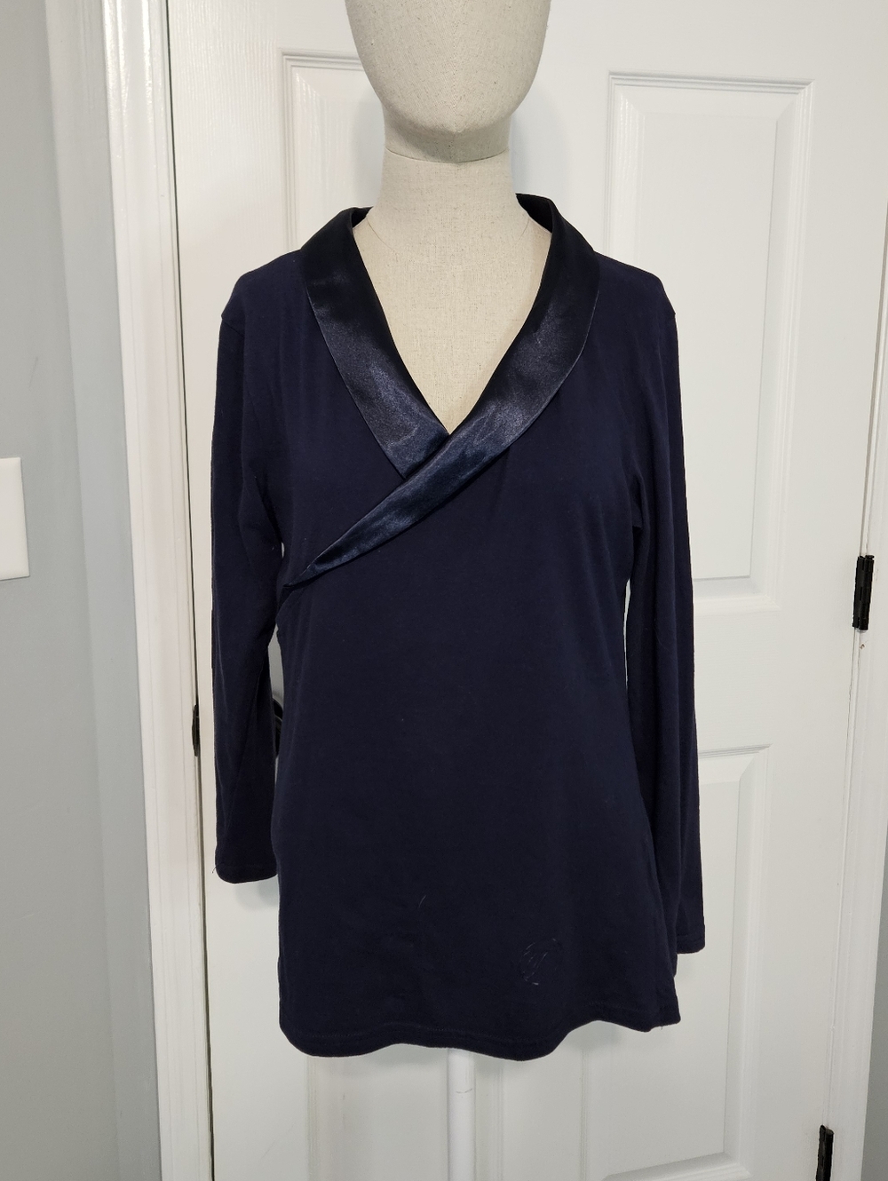 Temperley London Navy Satin-Trim Long Sleeve Wrap Top